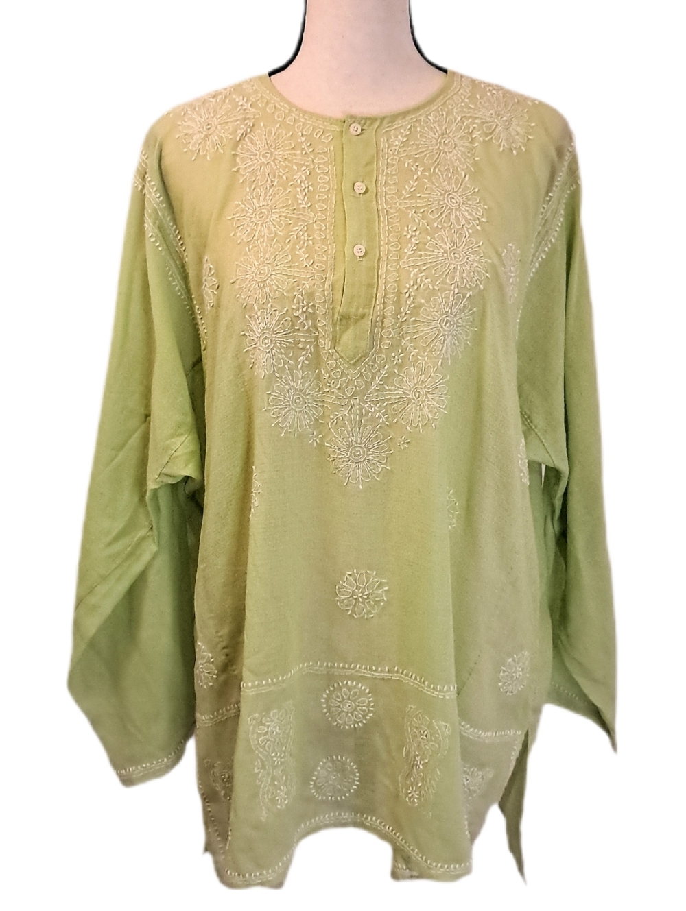 Green Linen Embroidered Boho Summer Shirt Coastal Vacation Beach Top XL